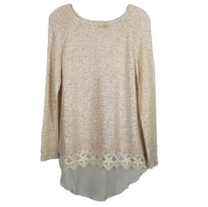Katsuit Sequin Lace Hem Sheer Open Back Sweater Cream Silver Sequins Sz Medium